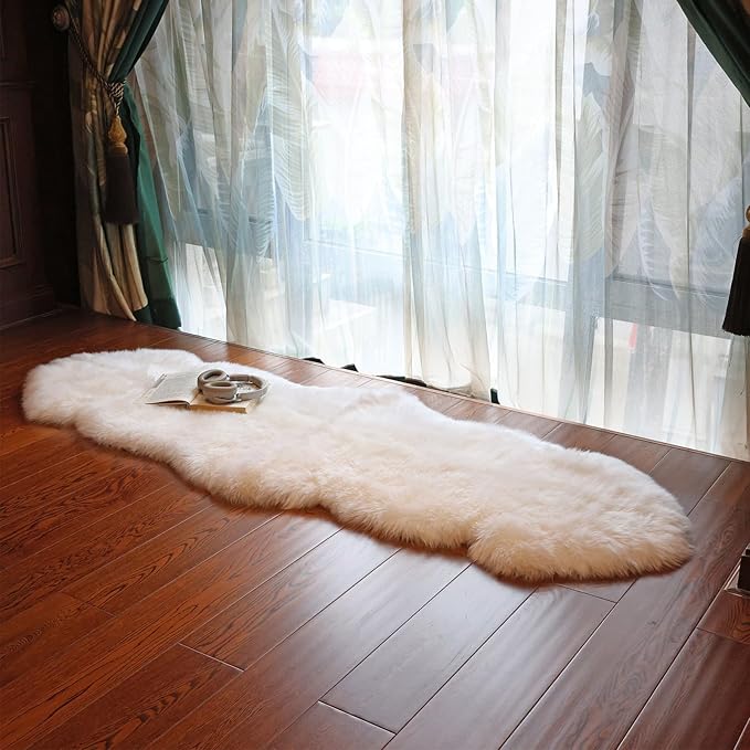 Genuine Sheepskin Rug New Zealand Luxury Lambskin Rug, Natural Fluffy Sheepskin Throw for Bedroom Living Room Children's Room - Premium Area Rug Chair Cover (2×6 Feet, Cream White)