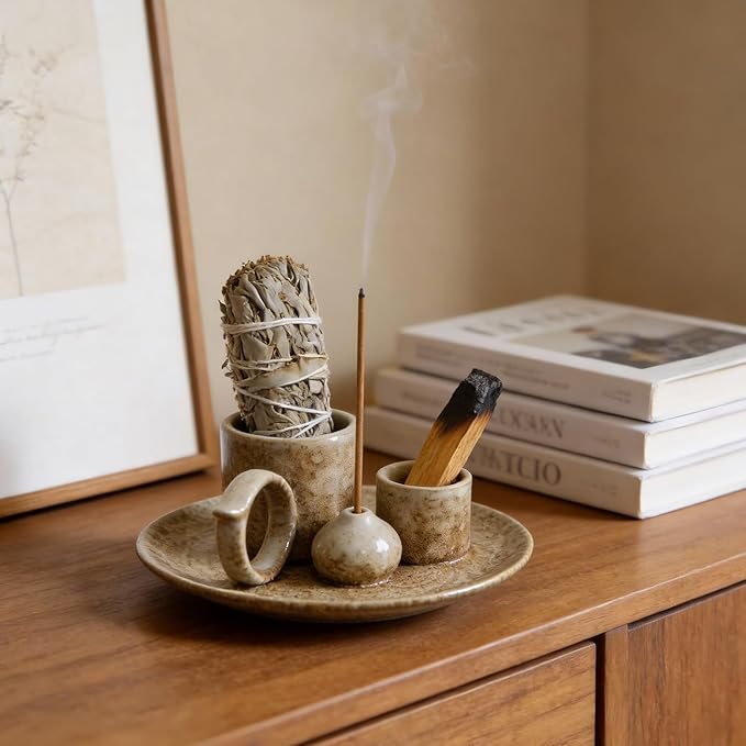 4.1-Inch 5-in-1 Ceramic Smudge Bowl-Versatile Incense Stick Holder and Smudging Dish for Palo Santo and Sage–Ideal for Zen Altar, Meditation,Yoga, and Aromatherapy–Easy to Clean Brown Design