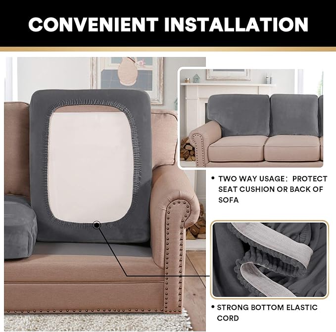 PrinceDeco Stretch Sofa Cushion Covers for Couches and Sofas,Soft Velvet Couch Seat Covers, Sofa Covers Washable, Seat Cushion Cover for 3 Couch Sofa Pet Friendly - Grey, Each Width Up to 29.5"