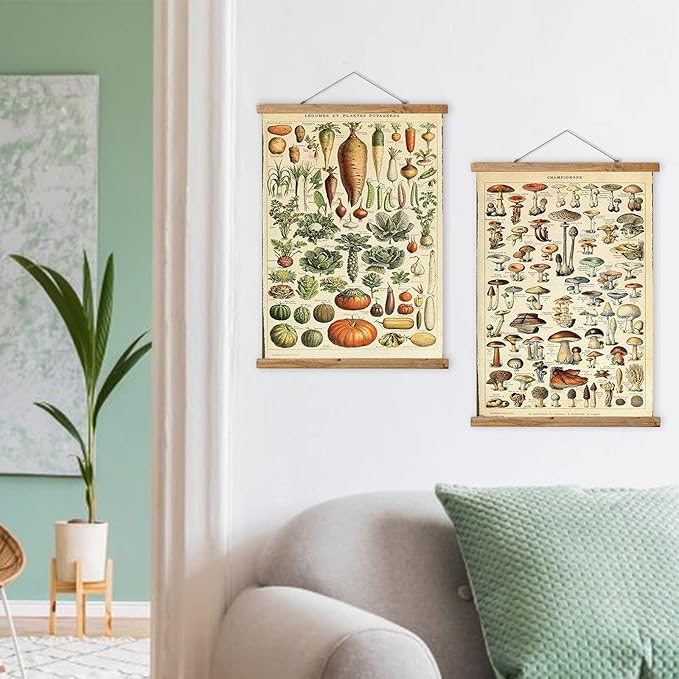 ABoby 2 Pack Vintage Vegetables and Mushroom Poster Hanger Frame, Retro Style of Wall Art Prints, Printed on Linen with Wood Frames, Ready to Hang