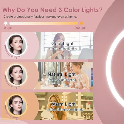 Lighted Makeup Mirror, 3000 mAh Rechargeable Double Sided Magnifying Vanity Mirror with 3 Colors, 1x/10x, 360° Rotation , Brightness Adjustable Magnification Cosmetic Light up Mirror, Women Gift