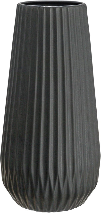 Bloomingville Round Stoneware Fluted Vase with Embossed Lines, Matte Black