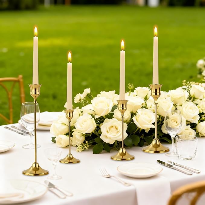 Candlestick Holders 6pcs Gold Candle Holders, Brass Metal Taper Candle Holders, Vintage Modern Decorative Centerpiece Candle Sticks Holder Decor for Table Mantel Wedding Party Housewarming Gift