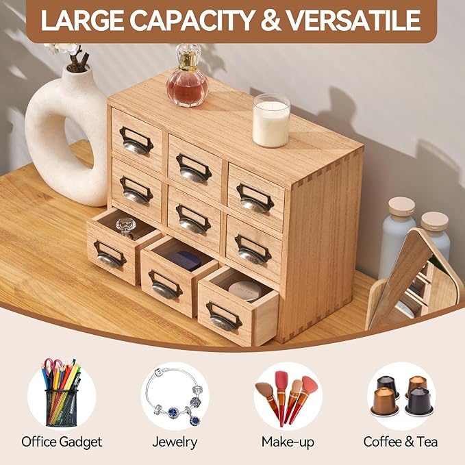 KIRIGEN Wood Drawer Organizer Desktop Storage Cabinet Box Drawers for Home Office Desk Organization and Storage 9 Drawer Mini Chest with Metal Handles Natural (9CG-NA)