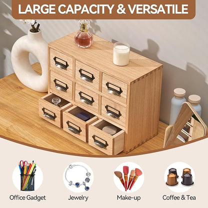 KIRIGEN Wood Drawer Organizer Desktop Storage Cabinet Box Drawers for Home Office Desk Organization and Storage 9 Drawer Mini Chest with Metal Handles Natural (9CG-NA)