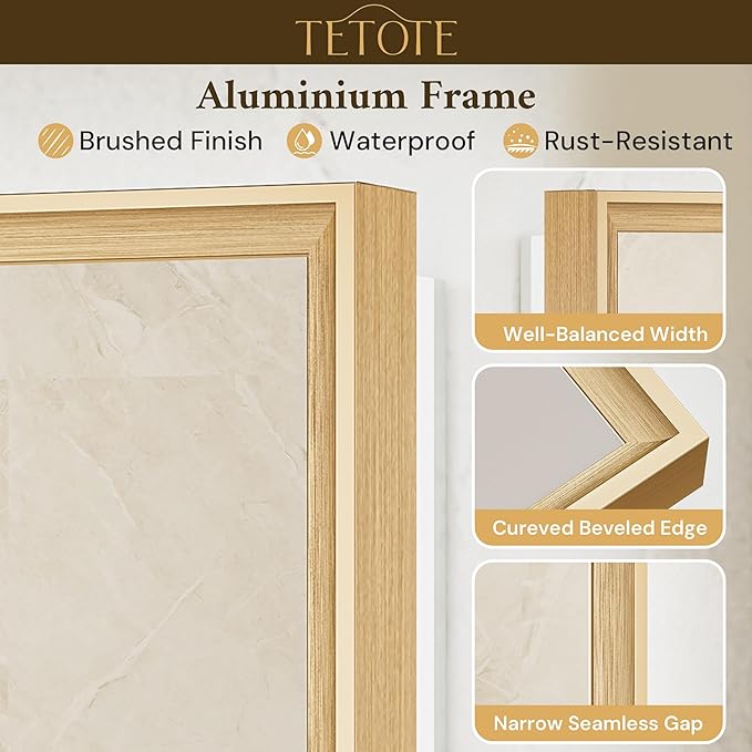 TETOTE 72 x 36 Backlit Bathroom Mirror Brushed Gold Metal Frame LED Light Vanity 3-Color White/Warm/Natural Stepless Dimmable Anti-Fog Backlight Mirror Wall-Mounted