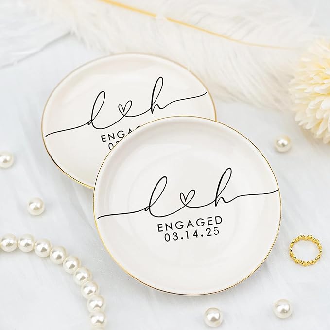 Custom Engagement Ring Holder Ring Dish, Custom Wedding Gifts for Couple, Bridal Shower Couple Jewelry Tray, Monogrammed Engagement Wedding Gifts for Bride 1