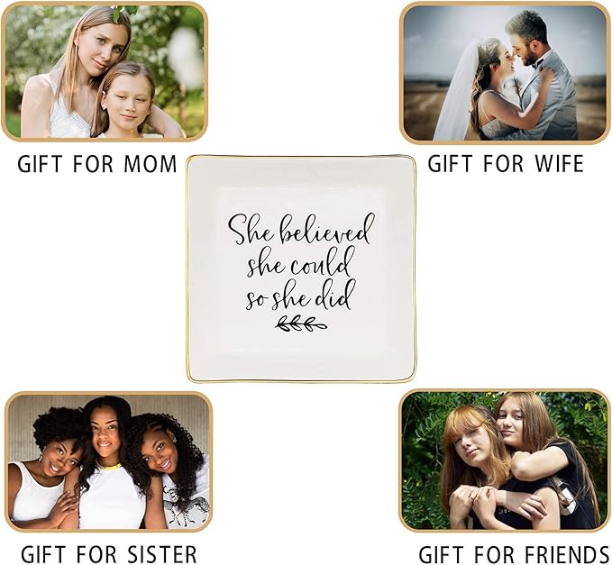 Jewelry Tray Ceramic Trinket Dish Ring Funny Birthday Gifts for Women Unique New Job Spiritual Congratulations Gift Best Friend Mom Friendship Office Decor,She Believed She Could So She Did