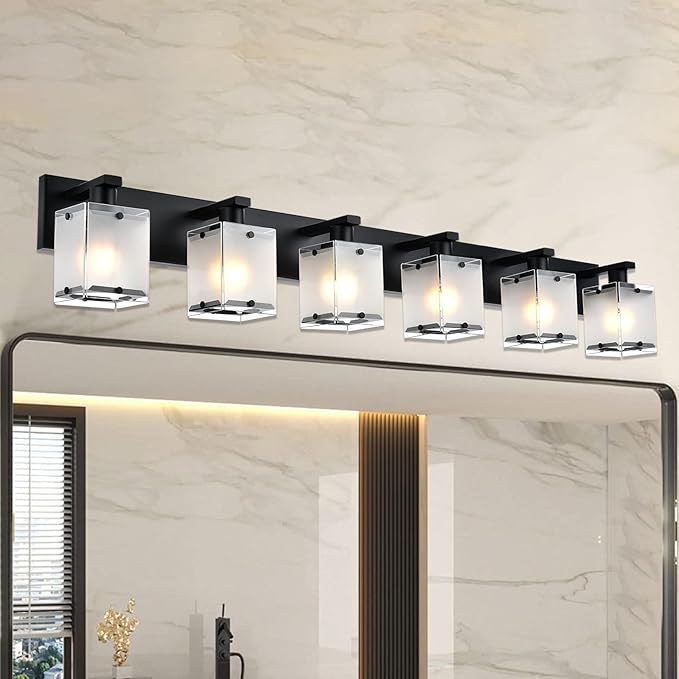 Bathroom Vanity Light Fixture, 6-Lights Modern Vanity Lighting Over Mirror with Frosted Glass Shades, Wall Mount Lamp for Bath Living Room, E26 Bulb Base