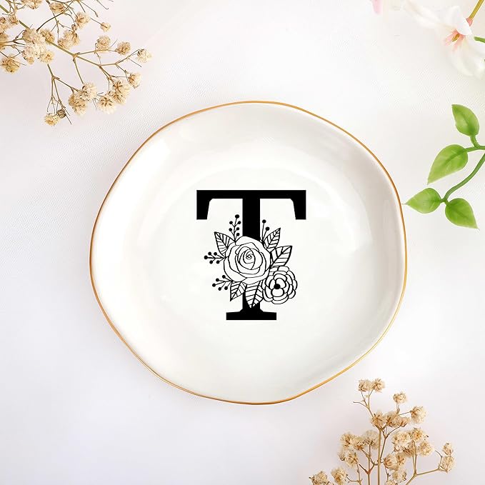 JoycuFF Initial T Ceramic Jewelry Tray, Bridesmaid Bride Gifts, Mothers Day Christmas Anniversary Engagement Birthday Gifts for Women Couples, Trinket Dish for Rings Earrings Necklaces Bracelets Keys