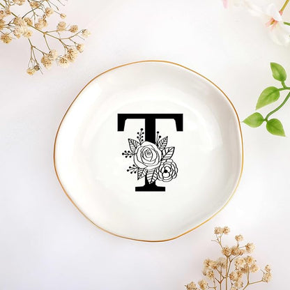 JoycuFF Initial T Ceramic Jewelry Tray, Bridesmaid Bride Gifts, Mothers Day Christmas Anniversary Engagement Birthday Gifts for Women Couples, Trinket Dish for Rings Earrings Necklaces Bracelets Keys