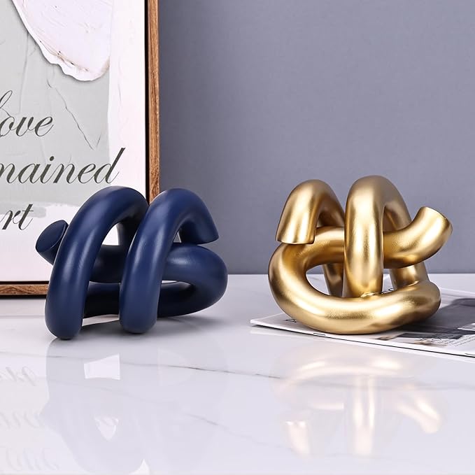 Funky Abstract Blue Knot Knick Knacks - Navy Blue Accent Decor for Coffee Table & Tv Stand, Modern Geometric Sculpture Scandinavian Minimalist Home Statue Decorative Objects Entryway Bookcase Book