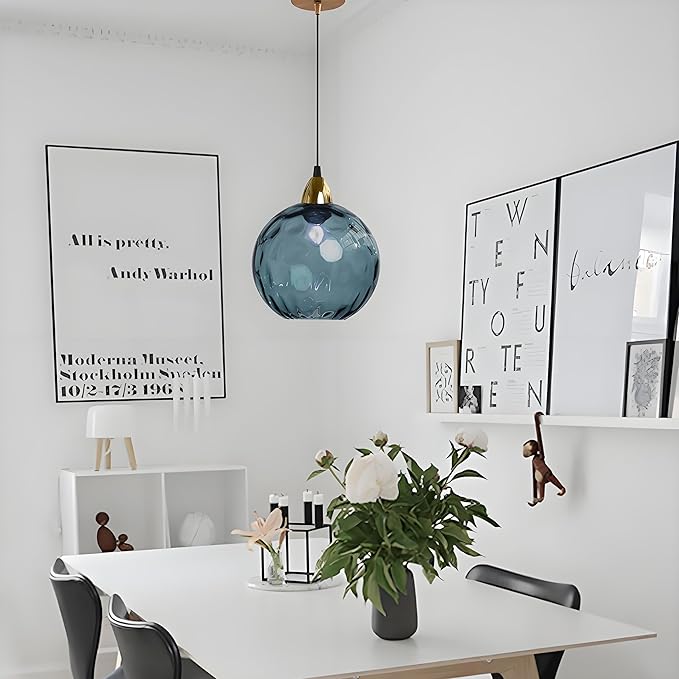 15cm/5.9’’ Industrial Vintage Spherical Glass Pendant Light, E26 Ceiling Hanging Lamp, Gold Finish & Ripple Glass Globe Shade, Dining Room Bedroom Chandelier (Dark Blue)
