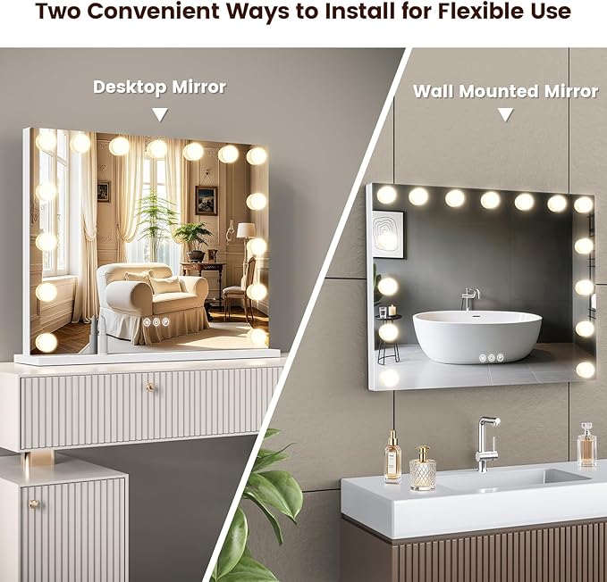 VESAUR Hollywood Vanity Mirror with Lights, Large Lighted Makeup Mirror with 15 Touch Dimmable LED Bulbs, 3 Colors,10X/15X Magnification, USB/Type-C Charging Port, Aluminum Frame, Tabletop/Wall Mount