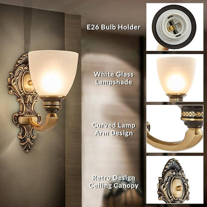 NOXARTE 2 Pack Vintage Wall Sconce Brass Wall Mounted Light Ceiling Fixture with Milk White Glass Shades for Living Room Bedroom Hallway