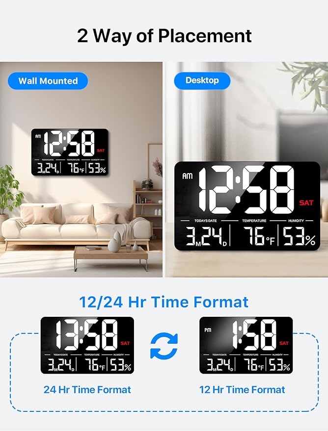 MASHI Digital Clock,13" Large Display Digital Wall Clock, Adjustable Brightness Calendar Clock with Day and Date,DST,Alarms,Humidity, Temperature for Desk, Wall Mounted, for Elderly