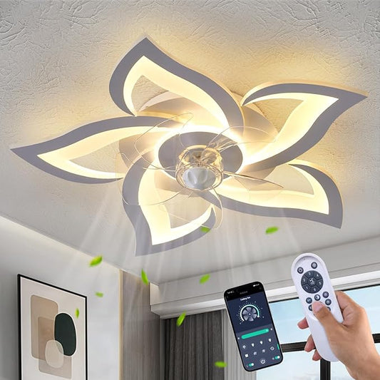 Flush Mount Ceiling Fan with Lights, 24" White ,Remote Control, 6 Speeds 3 Light Color Low Profile Ceiling Fan for Kitchen