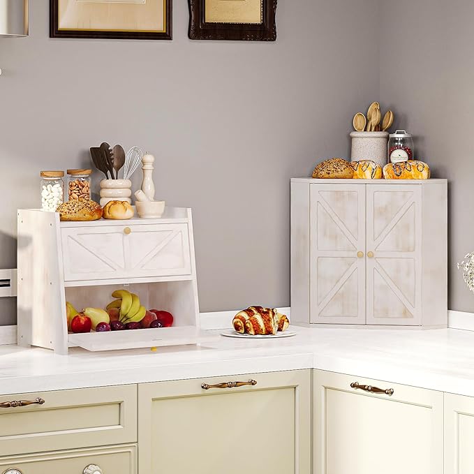 Corner Bread Box for Kitchen Counter Double Layer Bamboo Bread Storage Container Large Capacity Bread Storage Bin Farmhouse Breadbox Organizer