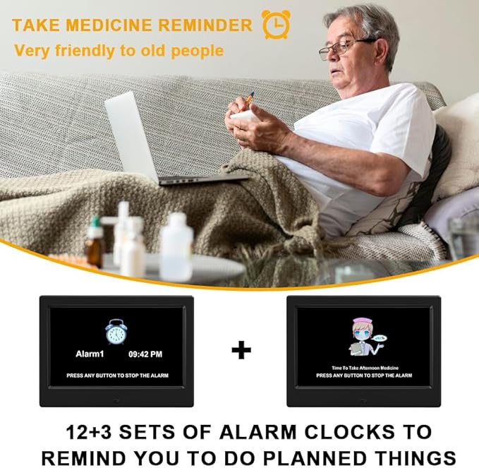 Alarm Clock with Day and Date for Elderly Digital Calendar Clock Photo Frame- Auto Dimmable Display 15 Alarm Options (7inch Black)