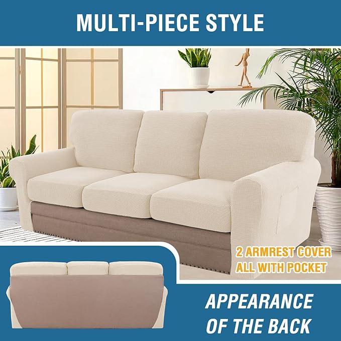 H.VERSAILTEX Multi-Pieces Sofa Covers Stretch Couch Covers Form Fitted Seats and Back Cushions Covers (3 Seat Covers Plus 3 Back Cusion Covers, Bonus 2 Armrest Covers), Cream