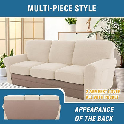 H.VERSAILTEX Multi-Pieces Sofa Covers Stretch Couch Covers Form Fitted Seats and Back Cushions Covers (3 Seat Covers Plus 3 Back Cusion Covers, Bonus 2 Armrest Covers), Cream