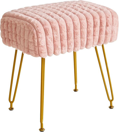 IBUYKE Rectangular Footrest Stool Ottoman, Makeup Vanity Stool Side Table, Velvet Dressing Table Seat, Footstool Chair, Golden Steel Legs, for Makeup Room, Bedroom, Square Grid Pattern, Pink WBD003P