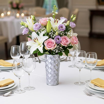 6 Pcs Silver Metal Flower Vases 9 Inch Galvanized Flower Bucket Spring Farmhouse French Bucket with Handles, Floral Vases for Centerpiece Bar Wedding Bouquet Table Decoration Supplies