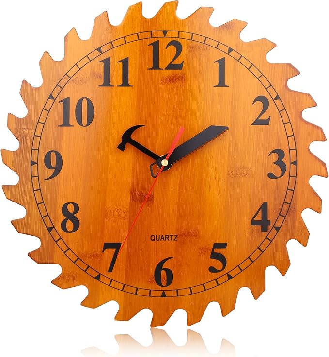 12 Inch Wood Wall Clock with Circular Saw Blade Dial, Handsaw and Hammer Pointer,Great Decor for Farmhouse,Garages and Man Cave