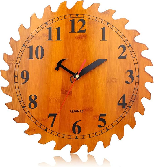 12 Inch Wood Wall Clock with Circular Saw Blade Dial, Handsaw and Hammer Pointer,Great Decor for Farmhouse,Garages and Man Cave