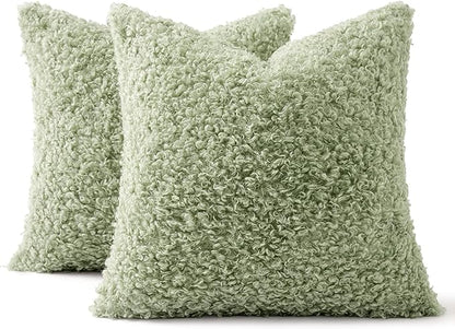 MIULEE Pack of 2 Light Green Faux Fur Throw Pillow Covers 18x18 Inch Boucle Decorative Sherpa Spring Pillow Covers Fuzzy Accent Soft Sheepskin Fleece for Boho Home Decor Sofa Living Room Couch Bed