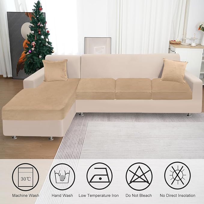 Sectional Couch Covers for 4-Piece Seat Cushion Velvet Separate L Shape Couch Cover Stretch Sofa Slipcover with 2 Pieces Pillowcases Furniture Protector (Sofa 3 Seater + 1 Chaise, Camel)