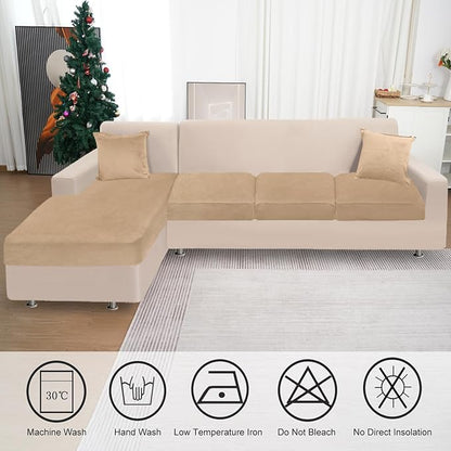 Sectional Couch Covers for 4-Piece Seat Cushion Velvet Separate L Shape Couch Cover Stretch Sofa Slipcover with 2 Pieces Pillowcases Furniture Protector (Sofa 3 Seater + 1 Chaise, Camel)
