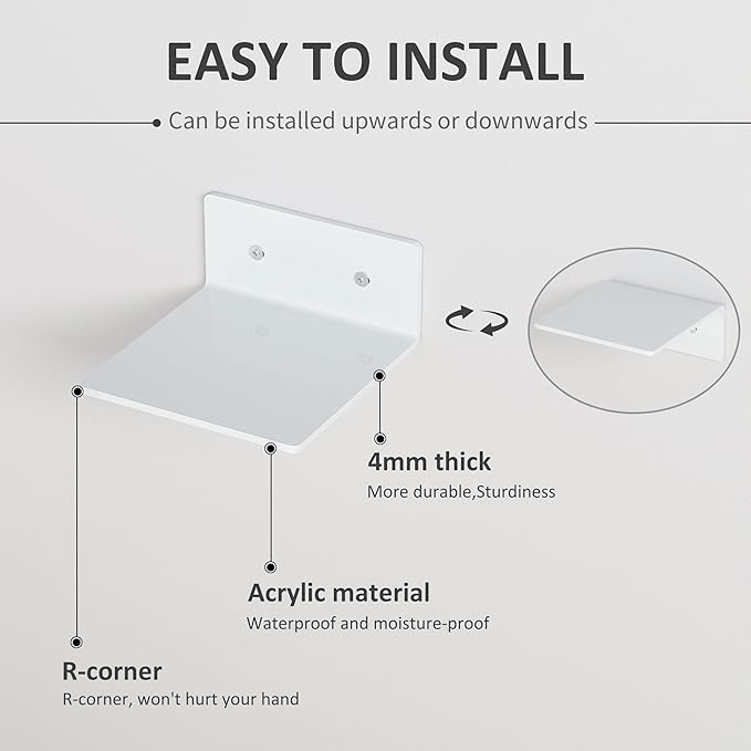 6 Inches White Acrylic Wall Shelves Set of 4, Moisture-Proof, Wall Mounted Storage Display Shelves for Gaming Room, Living Room, Bathroom, Office, Store, Heavy Duty, 4 Pack