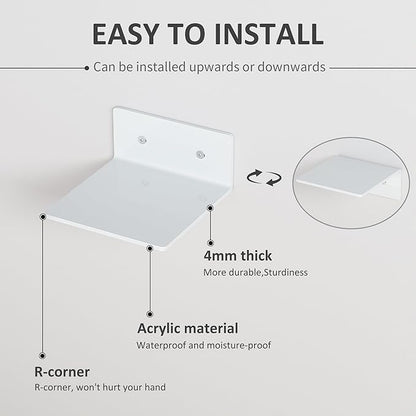 6 Inches White Acrylic Wall Shelves Set of 4, Moisture-Proof, Wall Mounted Storage Display Shelves for Gaming Room, Living Room, Bathroom, Office, Store, Heavy Duty, 4 Pack