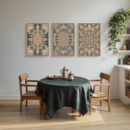 HLNIUC Mandala Flower Wall Art Set of 3, Green Scandinavian Botanical Framed Wall Decor(16x24),Norwegian Folk Art Canvas, Bohemian Mexican Vintage Plant Print for Living Room, Bedroom, Office