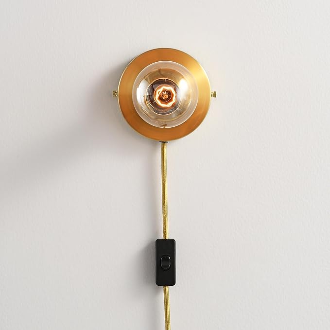 BRIGHTTIA Luna 1-Light Plug-in Wall Sconce - Mid Century Modern Minimalist Bedroom Home Office Lighting - Portable Wall Lamp for Apartments & Small Spaces with No J-Box - Brushed Gold (BW0026-1GP)