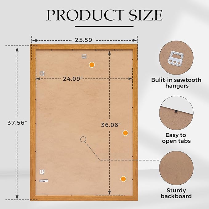 Muzilife 24×36" Poster Frame 1 Pack, Engineered Wood Movie Poster Picture Frames with HD Plexiglass Cover and Hanging Hardware for Horizontal or Vertical, Large, Teak