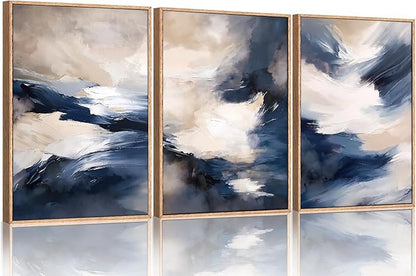 HLNIUC Blue Beige Abstract Wall Art Set of 3(16x24), Navy Brush Stroke Modern Art Decor, Earth Tone Minimalist Shape Framed Painting, Rust Dusty Neutral Prints for Living Room, Bedroom, Office