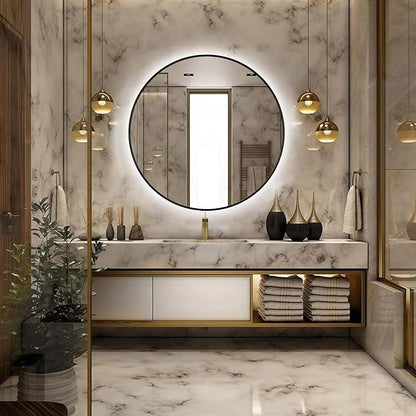 32" LED Backlit Bathroom Vanity Mirror, Wall Mounted Round Makeup Shaving Mirror with 45° Beveled Metal Frame Design, HD Waterproof&Explosion-Proof Smart Mirror, Memory Function, Black