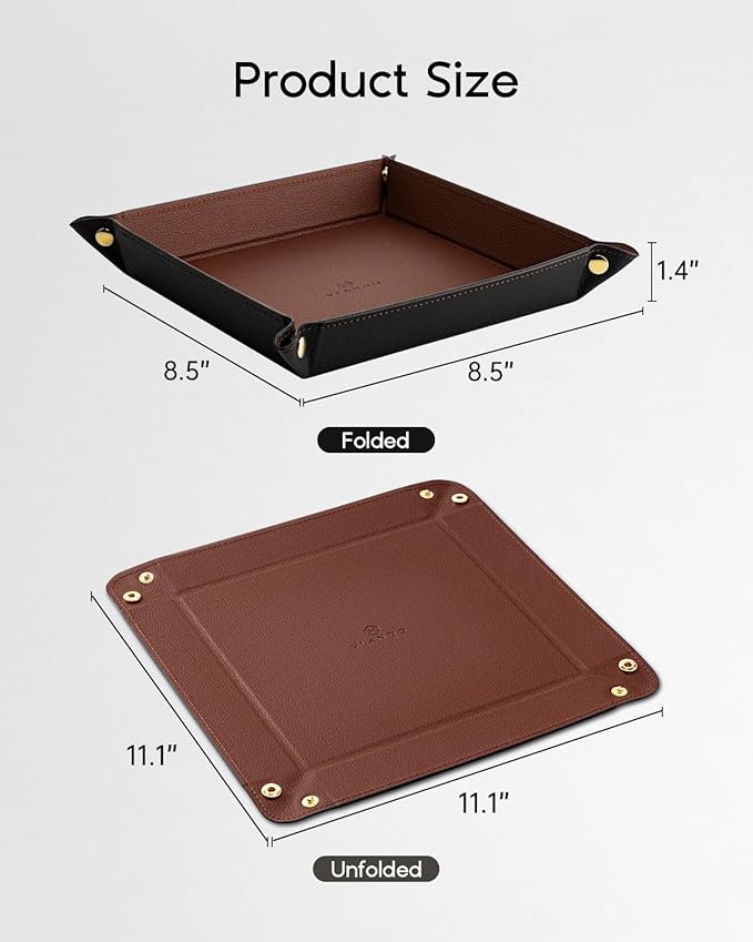 Vlando Valet Tray for Men Women, Nightstand Organizer Vanity Catchall Holder for Dresser Desk Storage Bedside, Travel PU Leather Jewelry Key Bowl Coin Watches and Candy Entryway Tray - Large, Brown