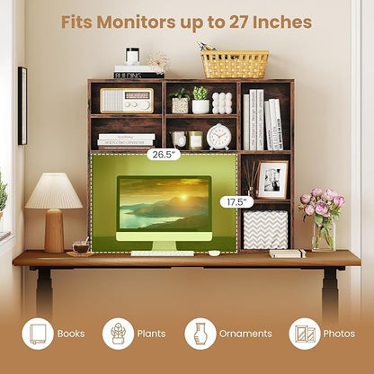 GOFLAME Desktop Bookshelf, 37” Desk Organizer Shelf with 7 Cubes & 3 Adjustable Shelves, 3-Tier Wood Countertop Display Rack, Multipurpose Tabletop Desk Hutch for Dorm, Home Office (Rustic Brown)