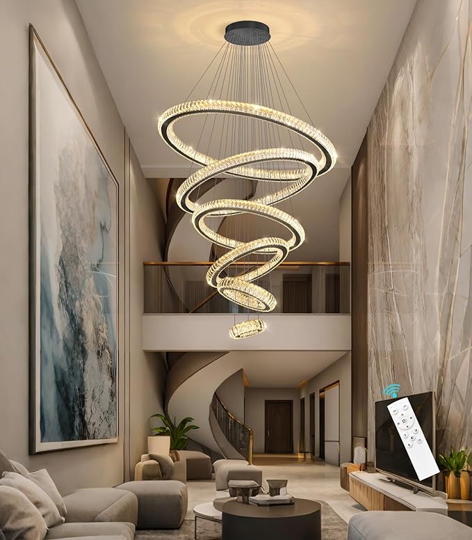 Modern Chandelier 8"+16"+24"+32"+40"+47" 6 Rings Crystal LED Dimmable Lighting Foyer Entryway High Ceiling Living Room Chanderliers Pendant Lights Fixtures Black Light