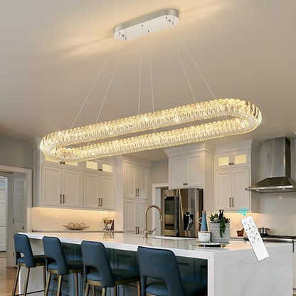 LED Oval Ring Chandelier Crystal Pendant Lighting for Dining Table Kitchen Island Remote Dimmable Hanging Light Chandeliers for Entryway Living Room Lights Silver