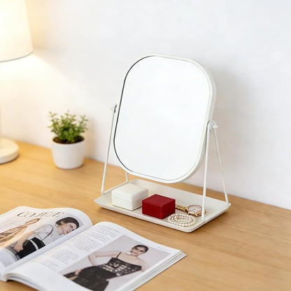 Rotating Metal Makeup Mirror with Storage, Vanity Mirror for Desk, Bathroom, Bedroom, Dressing Table (White)