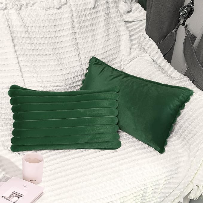 2 Pack 12x20 Pillow Cover Velvet Pillow Covers, Faux Fur Oblong Throw Pillow Covers for Living Room Decorations Throw Pillow Case, Throw Pillow Cover Cushion Cover for Sofa Bedroom Car, Dark Green