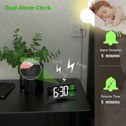 KOSUMOSU Desk Clock 6.7in Black Digital Alarm Clock with Dual Alarm, Dimming, Date, Day of Week, Temp, 12h 24h, Digital LED Clock for Table Decor, Digital Calendar Mirror Clocks Essentials