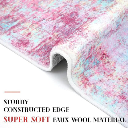 Modern Abstract 2x3 Girls Room Rug, Machine Washable Blush Pink Sky Blue Small Area Rug Thin Kitchen Mat Non-Slip, Print Faux Wool Soft Floor Carpet for Girl Women's Bedroom Entryway Bedside