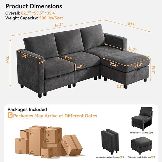 83”Modular Convertible L Shaped Couch Set for Living Room, Modern 4 Seat Storage Modular Couch with Movable Ottoman, Chenille(Dark Grey)