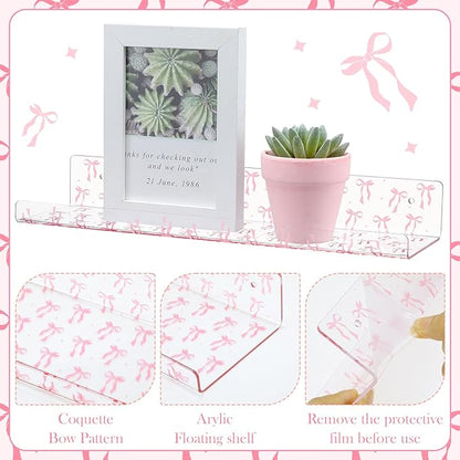 Honeydak 2 Pcs Pink Bow Acrylic Floating Shelves 15 Inch Coquette Acrylic Wall Shelves Pink Bow Display Wall Mounted Bookshelf for Bathroom Bedroom Living Room Kitchen Room Decor