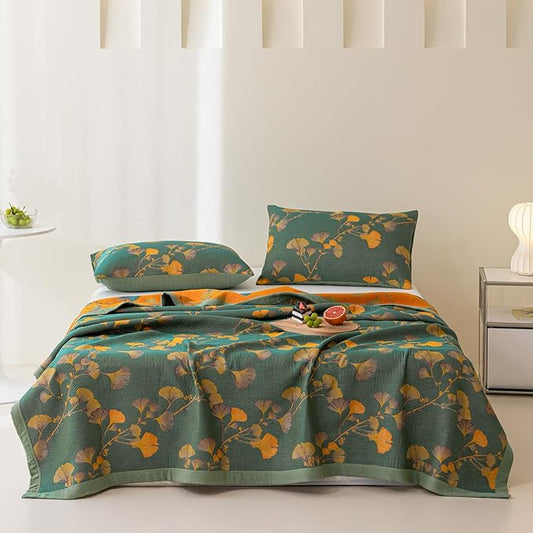 100% Cotton Jacquard Quilt Floral Ginkgo Leaves Print,Soft Muslin Bed Cover 3 Layers Reversible Bedspread Coverlet Breathable Lightweight Bedding,Full/Queen(78"x94"), No Pillow Sham